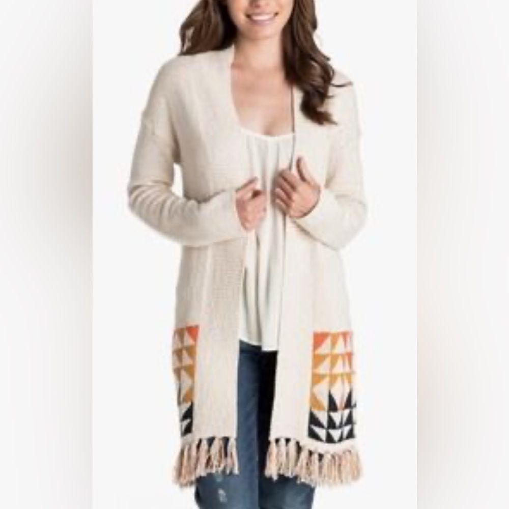 Roxy Near Future open Front Fringe cardigan with Aztec geometric pattern. Sz M